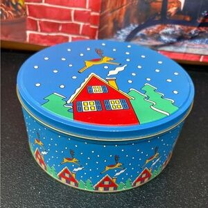 Vintage Holiday Blue Reindeer Tin Cookie Jar - Decorative Storage